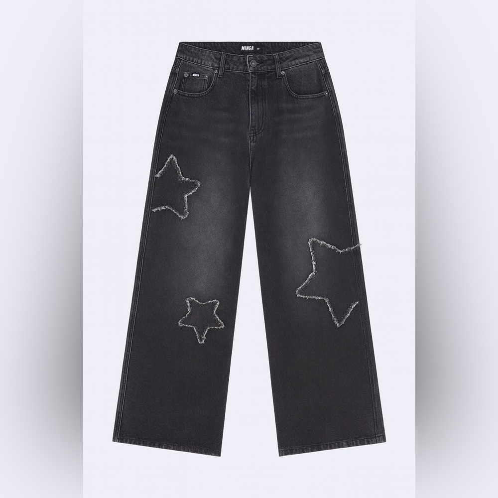 Ashley Mason Charcoal Star-Patterned Wide-Leg Jeans